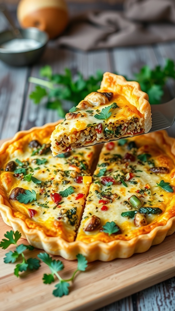 Savory quinoa and vegetable quiche on a wooden cutting board, sliced to show colorful filling.